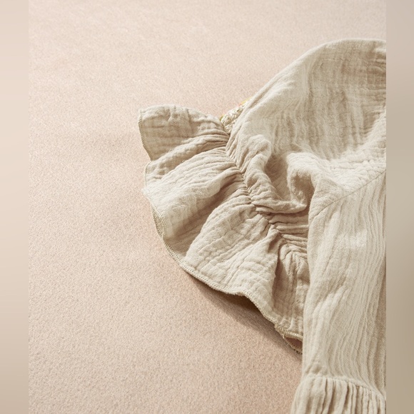 Khaki  Crinkle Embroidered Patched Bubble Sleeve Tied Neck Blouse Bohemian - Picture 6 of 11